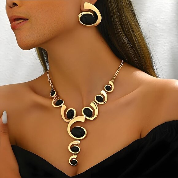 Gold Jewelry Set, Silver Black Boho Western Chunky Vintage Pendant Necklace Stac - Picture 4 of 7